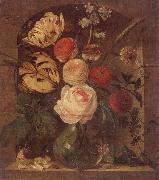 unknow artist Still life of various flowers in a glass vase,set in a niche France oil painting artist